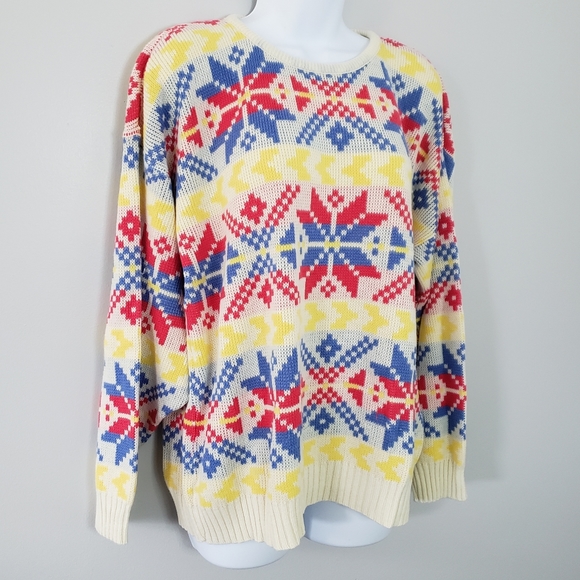 Vintage Retro Nordic Design Snowflake Ski Sweater L - Picture 3 of 10